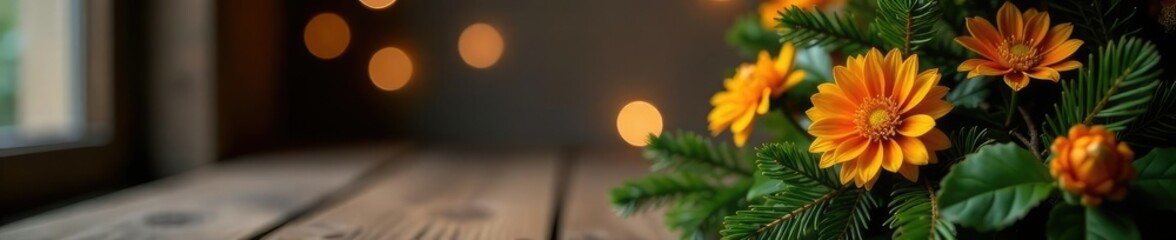 Fresh flowers and greenery adorn a wooden Christmas tree, with twinkling lights softly glowing in the background, wooden, tree, christmas