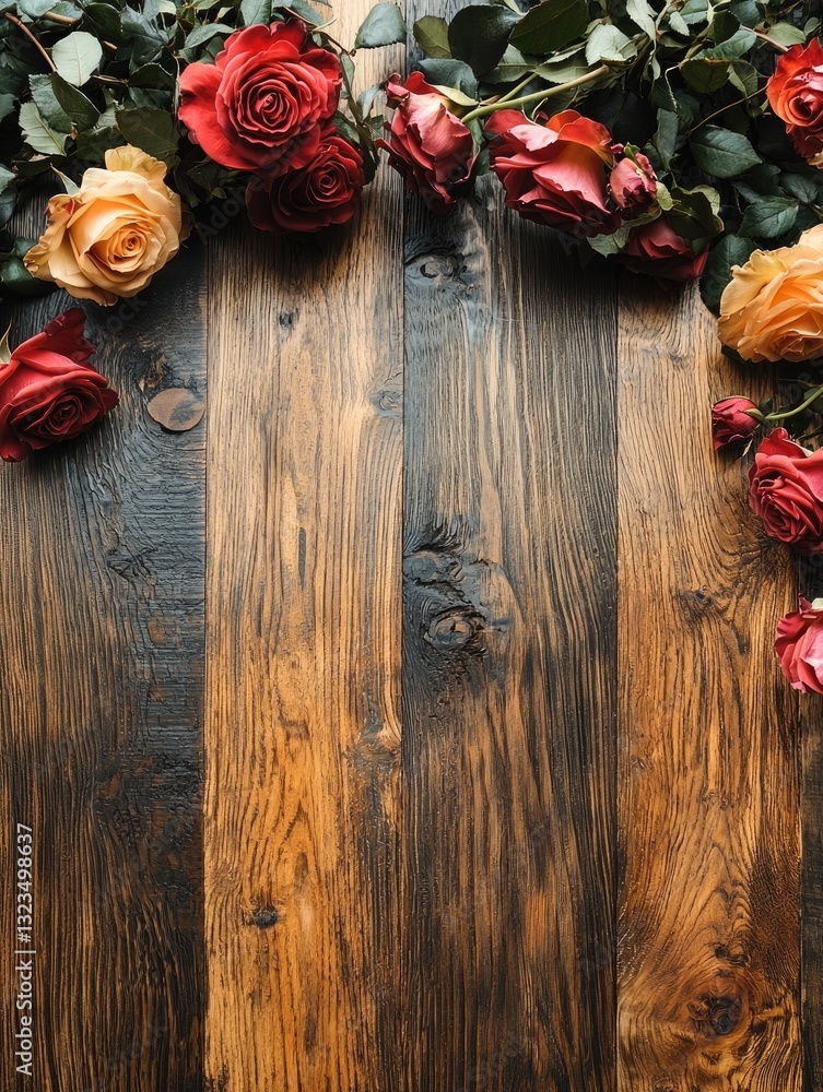 Aufkleber top view of wooden table with bouquet of roses on the side.