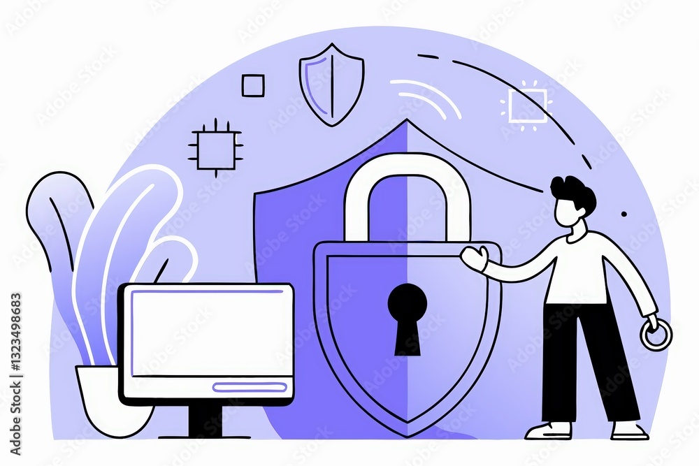Poster a digital illustration depicting a person securing data with a padlock, accompanied by a computer an