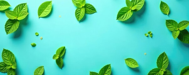 Fresh mint leaves scattered on a blue background, mints, fresh