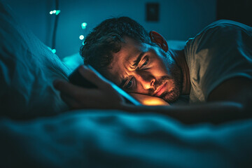 A tired man lying in bed at night illuminated by the glow of his smartphone screen struggling to sleep  
