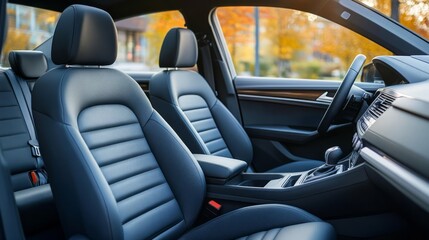 A modern sedan interior showcasing clean, empty dark cloth car seats with isolated windows providing a serene, open view