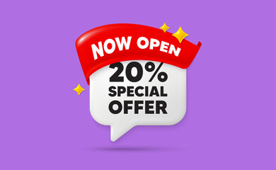 Discount chat speech bubble. Now open flag ribbon. 20 percent discount offer tag. Sale price promo sign. Special offer symbol. 3d sparkle stars speech bubble. Vector