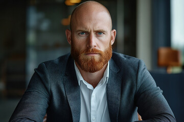 A middle-aged businessman with a bald head and a red beard is dressed in a long suit and sits at a desk in an office. Generated by artificial intelligence