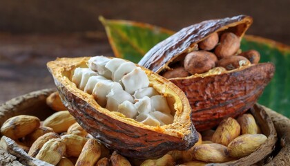 Cocoa pods split open to reveal fresh beans inside.
