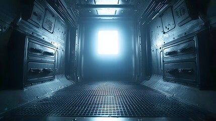 Futuristic Abandoned Corridor with Bright Light Emerging from a Central Cube in Dark Environment