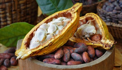 Cocoa pods split open to reveal fresh beans inside.