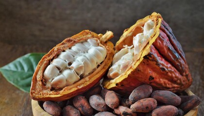 Cocoa pods split open to reveal fresh beans inside.