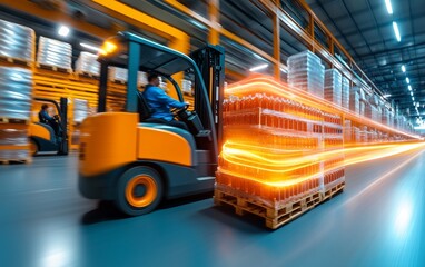 Naklejka premium Warehouse Forklift in High-Speed Action: Efficient Logistics in Modern Distribution Center