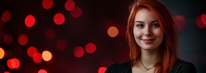 Smiling Woman with Red Hair and Bokeh Lights Portrait Photography