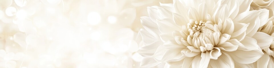 Fototapeta premium Gentle Natural Light Illuminates White Dahlia Flower Head, Floral Background with Copy Space