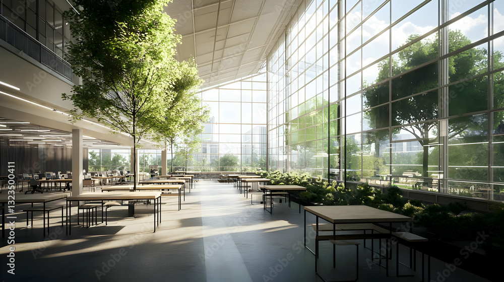 Poster modern office interior with large windows trees and tables creating airy open atmosphere during dayt