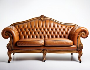 Classic leather sofa with tufted design and ornate detailing in a minimalist setting