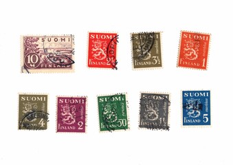 Vintage postage stamps from Finland isolated on a white background.