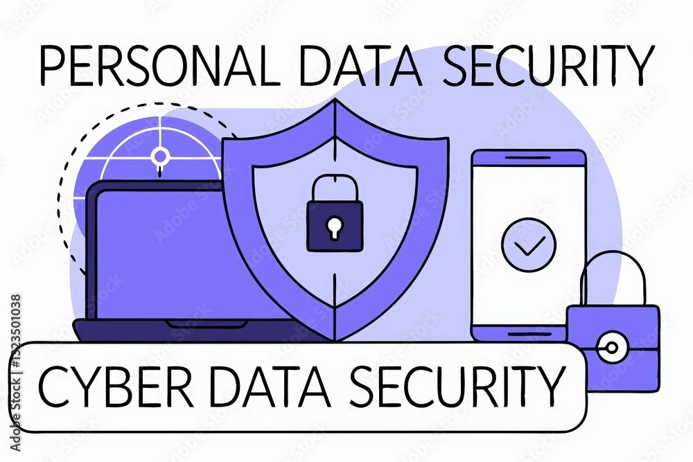 Poster a graphic illustrating concepts of personal and cyber data security, featuring devices and a shield 