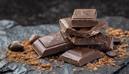 Dark chocolate pieces resting on a volcanic rock surface.
