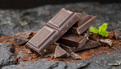 Dark chocolate pieces resting on a volcanic rock surface.
