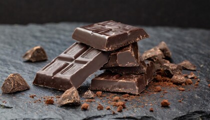 Dark chocolate pieces resting on a volcanic rock surface.