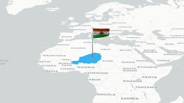 Niger map animation. The Niger flag flies majestically over a detailed map