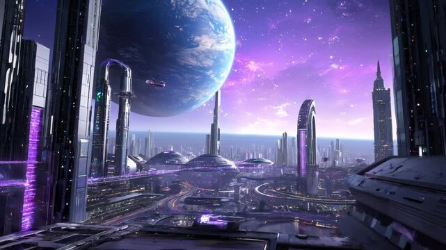 A massive orbital space city with interconnected biodomes, glowing transit tunnels, and autonomous supply drones navigating between structures near a distant planet
