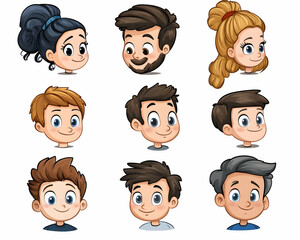 Cartoon character heads of various ages and genders