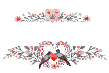 Horizontal border with dove couple and copy space in folk style. Stylized illustration in red and gray colors for wedding invitation. Hand drawn composition is perfect for romantic and love design.