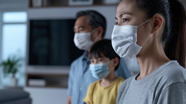 Family Wearing Masks in Living Room During Health Crisis Moment - Powered by Adobe
