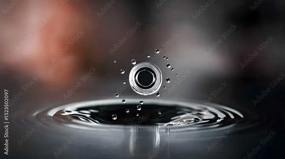 Poster water droplet creating a circle of smaller droplets with ripples below