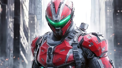Fototapeta premium A battle-ready soldier in heavy red and silver armor with glowing emerald eyes, standing with determination in a dystopian city, ready for combat.