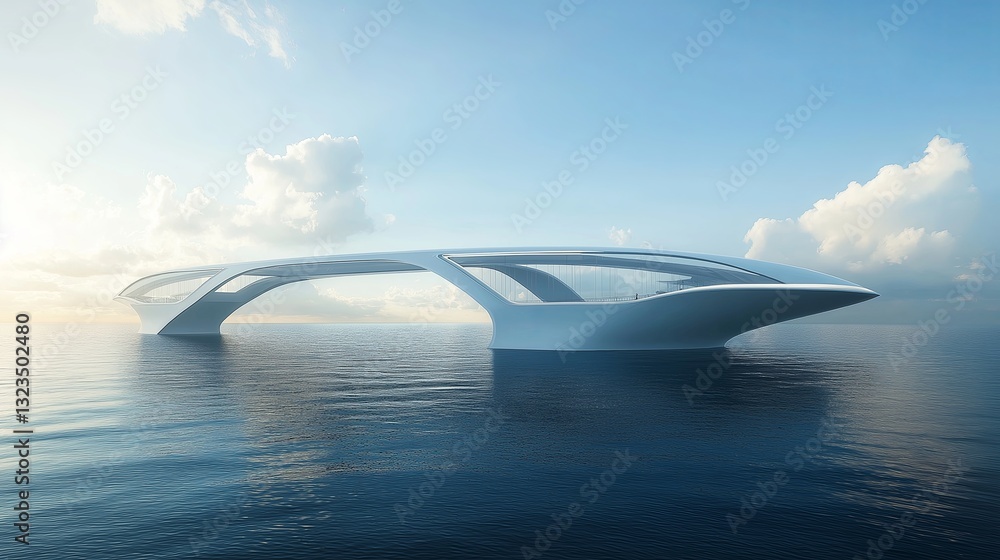 Poster a futuristic bridge with a sleek, modern design floating over a vast sea.