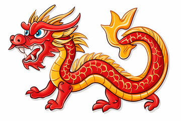 Naklejka premium Cartoon Chinese dragon, red, gold, fierce