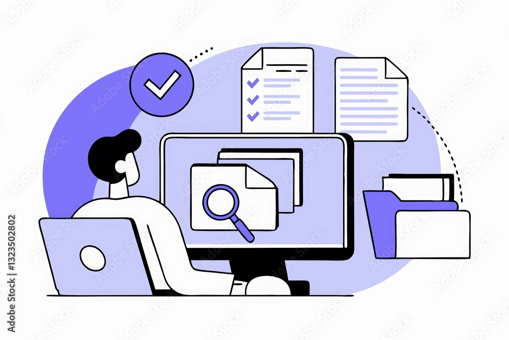 Poster a person sitting at a computer, reviewing documents and files, with checkmarks indicating tasks comp