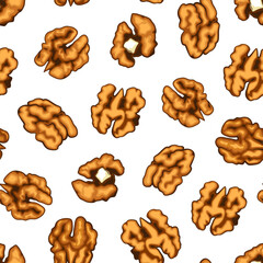 Nuts seamless pattern. Walnuts background. Organic food concept. Nuts pattern for fabric, packaging, coffee and bakery shops. Hand Drawn illustration.