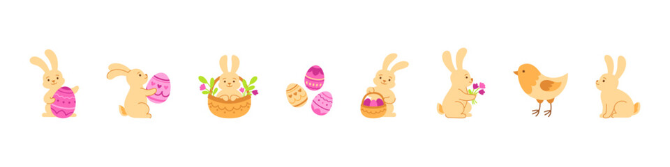 Easter bunny set. Cute rabbit vector set. Rabbit cartoon egg hunt.