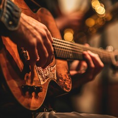 Fototapeta premium Close-up of Guitar Player in Dimly Lit Music Venue Enjoying Performance
