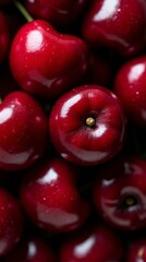 Close Up of Fresh Red Cherries with Stems Detailed Fruit Texture