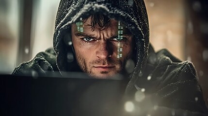 Intense hacker focused on computer screen, wearing a hooded sweatshirt, with digital code reflecting on face