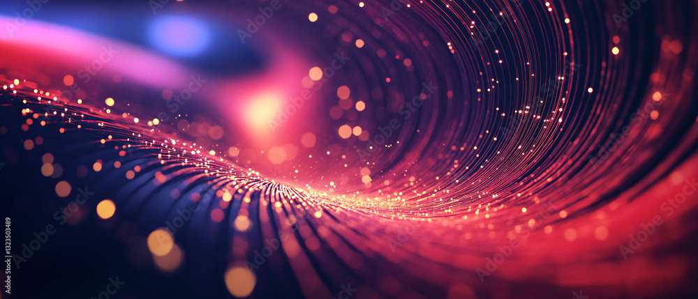 Poster a mesmerizing wave of red fiber optic lights with glowing particles creating a futuristic and high-t