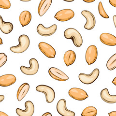 Nuts seamless pattern. Peanut background. Organic food concept. Nuts pattern for fabric, packaging, coffee and bakery shops. Hand Drawn illustration