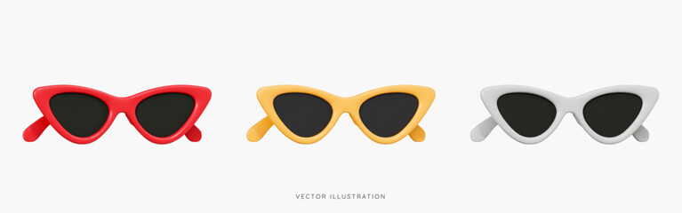 3D Front view cat eye sunglasses in red, yellow and silver icon set. Summer time object. Fashion glasses for women. Travel accessory. Cartoon design icons isolated on white. 3D Vector illustration