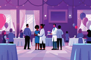A heartwarming scene at a hospital charity event, showcasing doctors, nurses, and attendees enjoying a fundraising gala.  Capture the joyful atmosphere and sense of community.