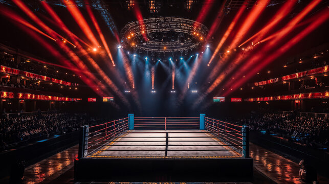 A boxing ring with a crowd of people watching. The ring is empty and the lights are on