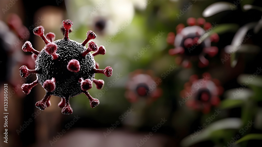 Poster a microscopic depiction of a viral particle with multiple spikes