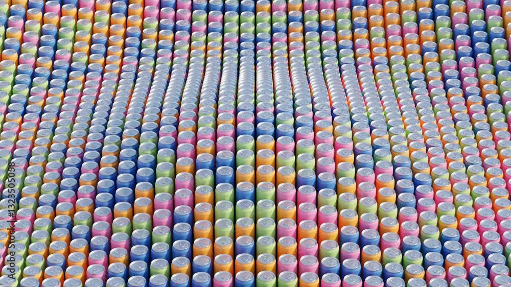 Poster vibrant 3d animation with multicolored beverage cans forming fluid wave patterns – seamless loop mot
