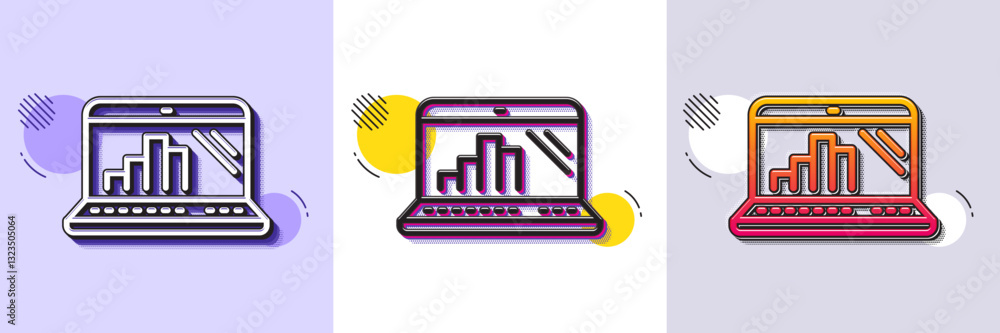 Poster graph laptop line icon. halftone dotted pattern. gradient icon with grain shadow. column chart sign.