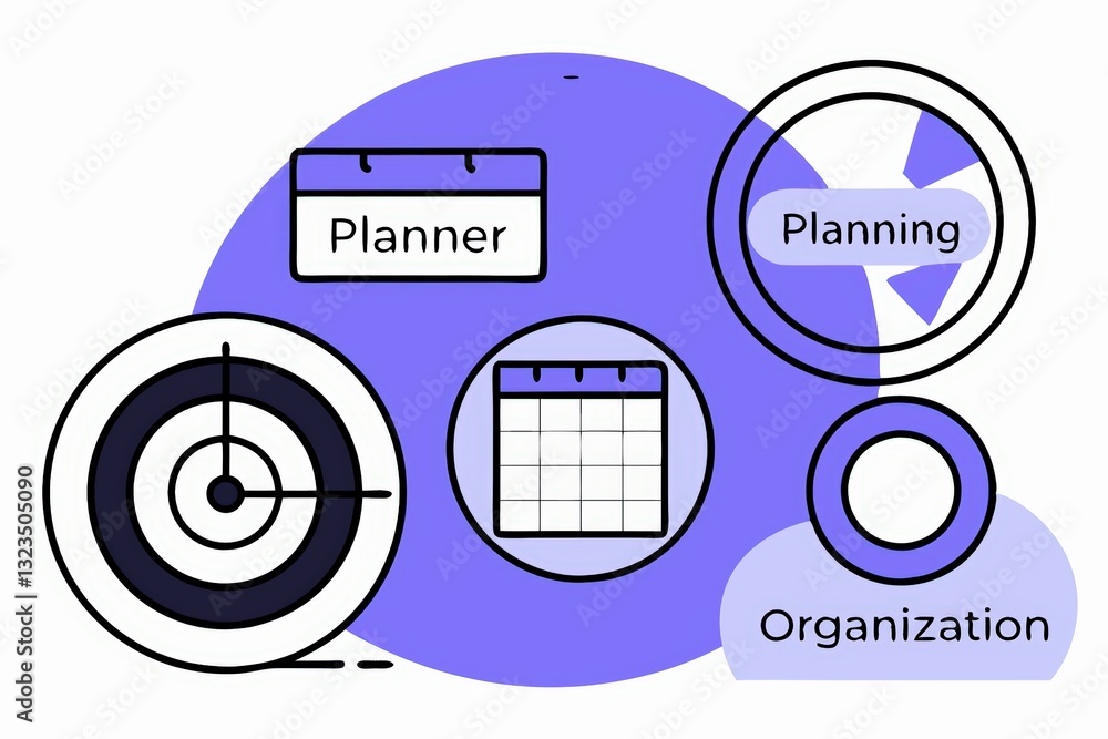 Aufkleber a minimalist graphic illustrating planning and organization concepts with elements like calendars an