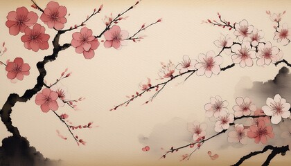 Fototapeta premium Sumi-e Sakura on Rice Paper. Delicate cherry blossoms, Japanese ink style. Textured paper backdrop. Serene & artistic floral art