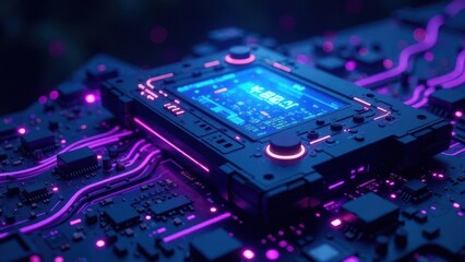 Futuristic Technology A Close-Up View of an Advanced Circuit Board with Glowing Neon Accents and Integrated Display