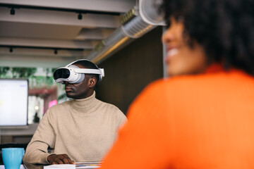 Businessman immersed in virtual reality meeting experience