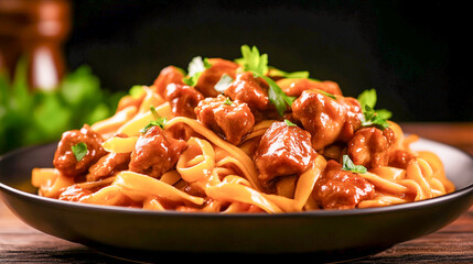 Pasta Linguine with Fried Chicken Liver – Top View – Gourmet Italian Cuisine and Comfort Food Concept